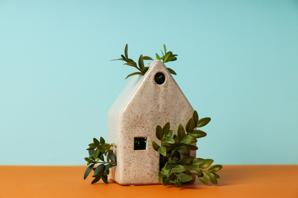 een miniatuur huisje waar blaadje uit komen