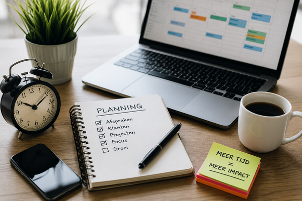 Bureau met laptop, planningsoverzicht, klok en koffie als symbool voor effectief tijdmanagement en productiviteit