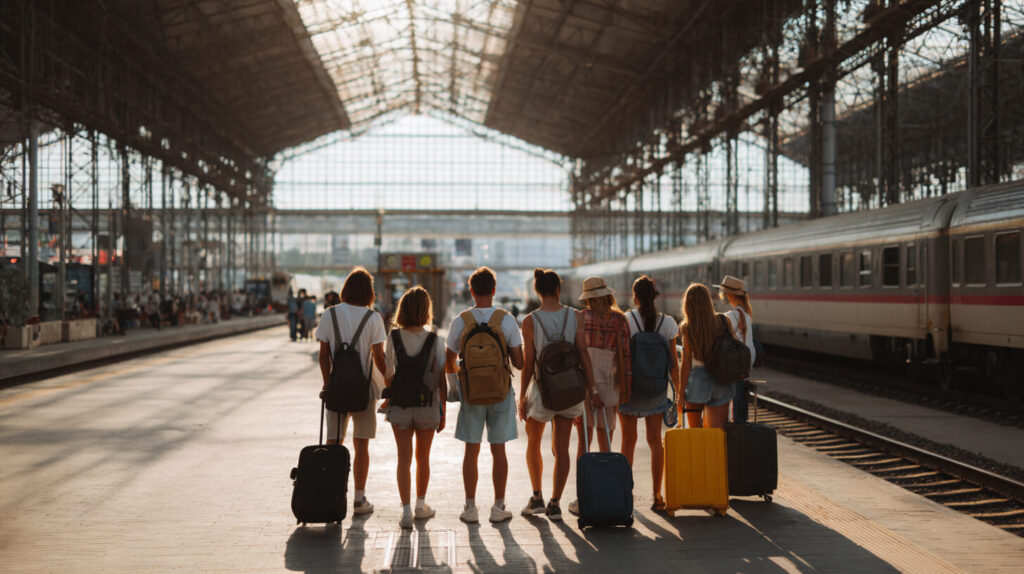 Groep vrienden met koffers en rugzakken wacht samen op het perron voordat de treinreis begint