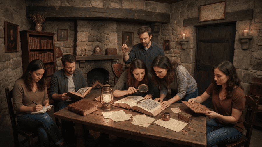 Een groep collega's speelt een escape room als teambuilding activiteit.