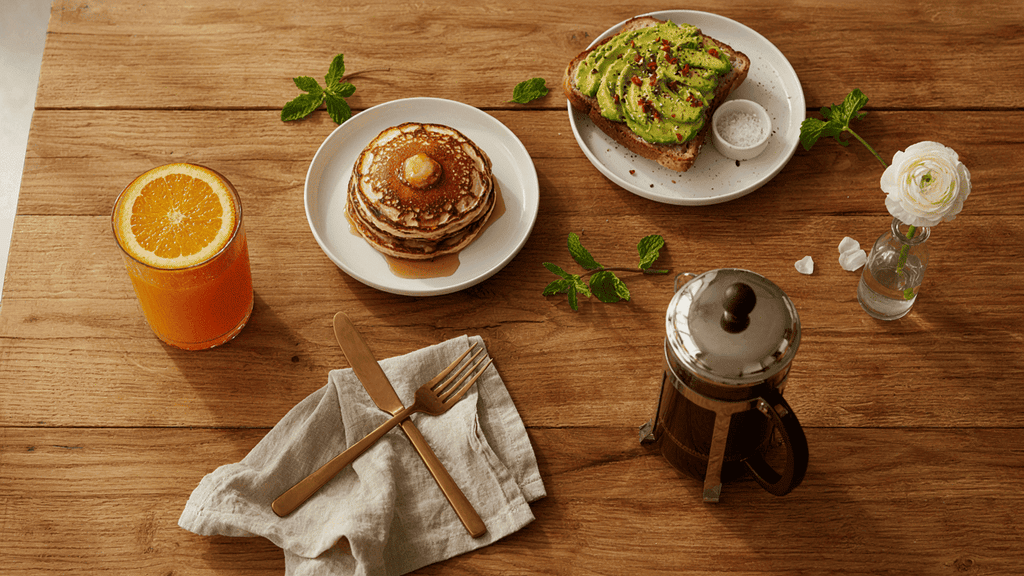 Een lunchgerecht met pancakes en een avocado toast