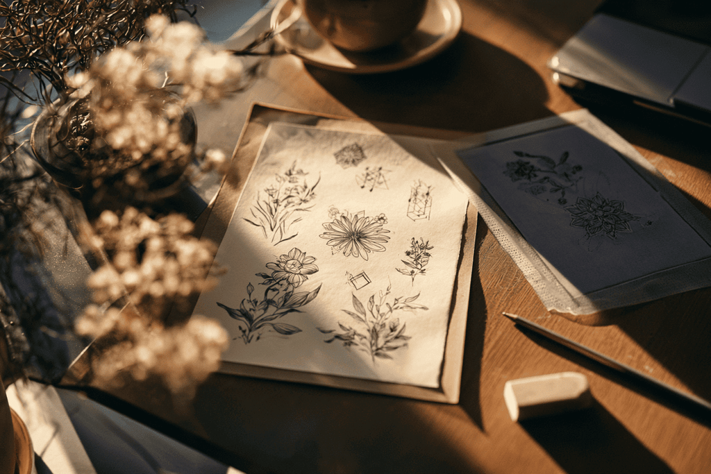 Bureau met een blad vol getekende tattoo-ontwerpen en een stencil op papier