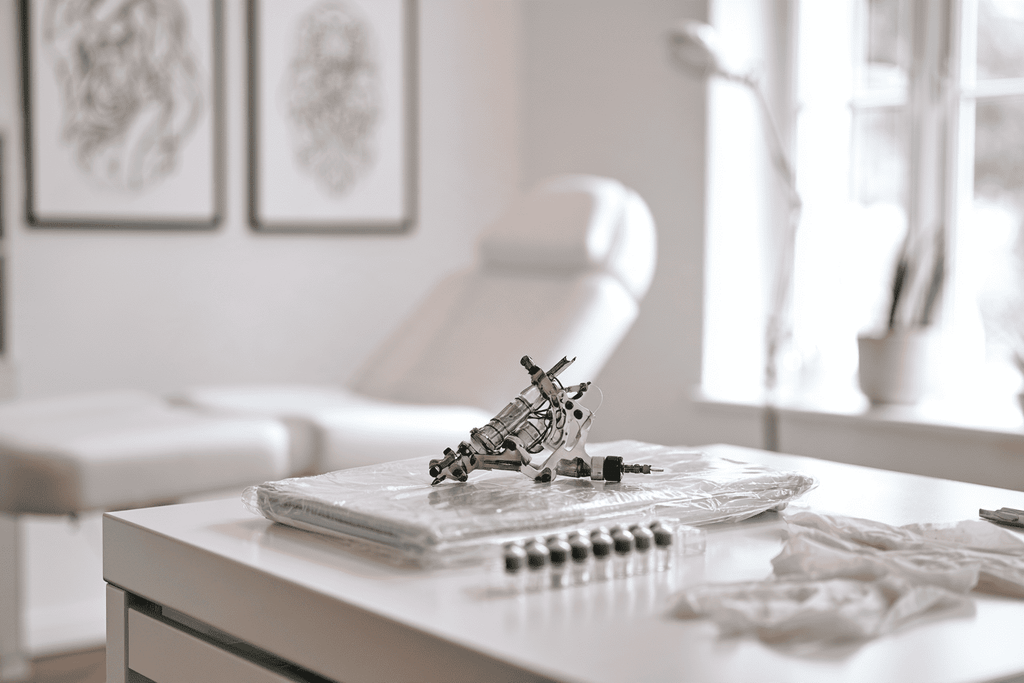 Schone werkplek in een tattoostudio met een tattoomachine, inktdopjes en handschoenen